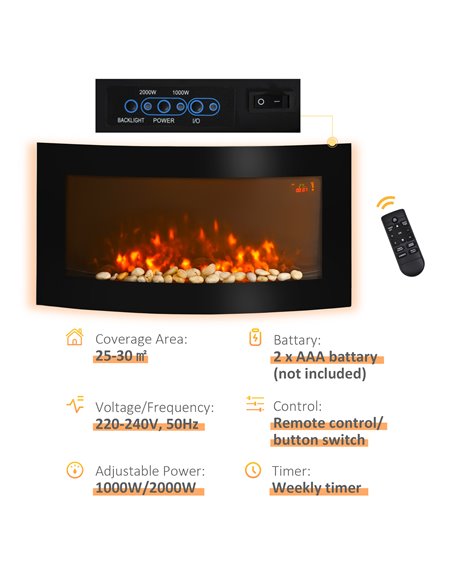 HOMCOM Led Wall Mounted Fireplace Curved Glass Electric Fire Place Fire Place 7 Colour Side Lights Slimline, 1000/2000W, 89.2cm  - pic 110253 | FastDaddyshop