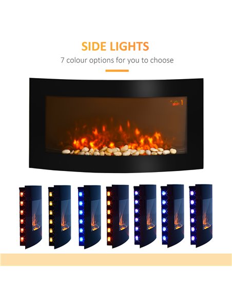 HOMCOM Led Wall Mounted Fireplace Curved Glass Electric Fire Place Fire Place 7 Colour Side Lights Slimline, 1000/2000W, 89.2cm  - pic 110255 | FastDaddyshop