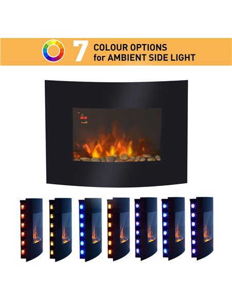 HOMCOM Led Wall Mounted Fireplace Curved Glass Electric Fire Place Fire Place 7 Colour Side Lights Slimline, 900/1800W, 65cm x 5 - pic 110262 | FastDaddyshop
