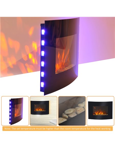 HOMCOM Led Wall Mounted Fireplace Curved Glass Electric Fire Place Fire Place 7 Colour Side Lights Slimline, 900/1800W, 65cm x 5 - pic 110263 | FastDaddyshop
