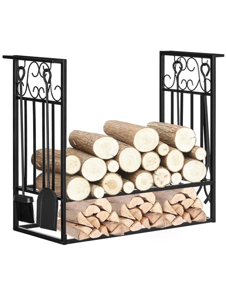 HOMCOM Steel Firewood Log Holder Indoor Outdoor Firewood Rack Fireplace Wood Storage Shelf with 4 Tools, Hooks, Scrolls, Rust-Re - pic 110285 | FastDaddyshop