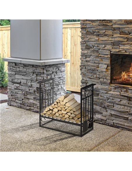 HOMCOM Steel Firewood Log Holder Indoor Outdoor Firewood Rack Fireplace Wood Storage Shelf with 4 Tools, Hooks, Scrolls, Rust-Re - pic 110286 | FastDaddyshop
