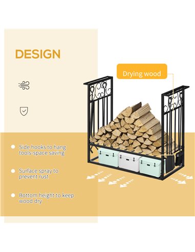 HOMCOM Steel Firewood Log Holder Indoor Outdoor Firewood Rack Fireplace Wood Storage Shelf with 4 Tools, Hooks, Scrolls, Rust-Re