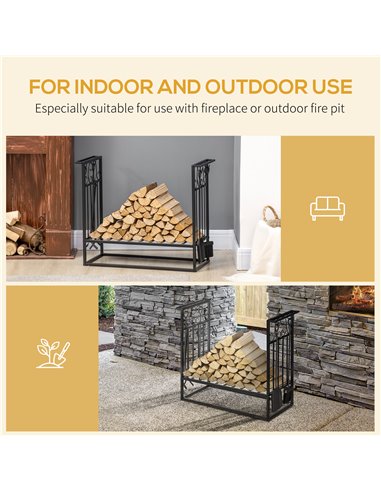HOMCOM Steel Firewood Log Holder Indoor Outdoor Firewood Rack Fireplace Wood Storage Shelf with 4 Tools, Hooks, Scrolls, Rust-Re