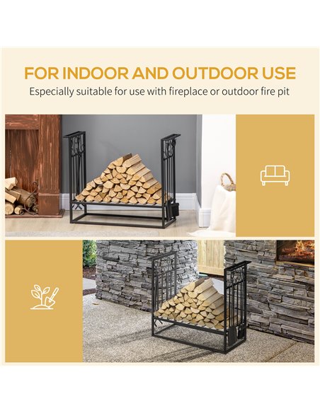 HOMCOM Steel Firewood Log Holder Indoor Outdoor Firewood Rack Fireplace Wood Storage Shelf with 4 Tools, Hooks, Scrolls, Rust-Re - pic 110290 | FastDaddyshop