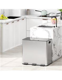 HOMCOM 3 x 15L Pedal Bin, Steel Triple Kitchen Bin with Soft Close Lid, Removable Inner Buckets, Fingerprint-Proof, Silver 851-0 2