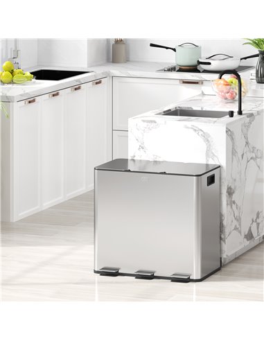 HOMCOM 3 x 15L Pedal Bin, Steel Triple Kitchen Bin with Soft Close Lid, Removable Inner Buckets, Fingerprint-Proof, Silver 851-0