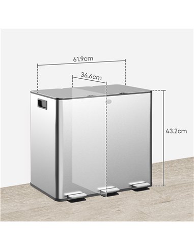 HOMCOM 3 x 15L Pedal Bin, Steel Triple Kitchen Bin with Soft Close Lid, Removable Inner Buckets, Fingerprint-Proof, Silver 851-0