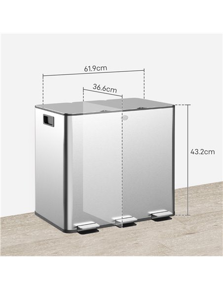 HOMCOM 3 x 15L Pedal Bin, Steel Triple Kitchen Bin with Soft Close Lid, Removable Inner Buckets, Fingerprint-Proof, Silver 851-0 - pic 110413 | FastDaddyshop