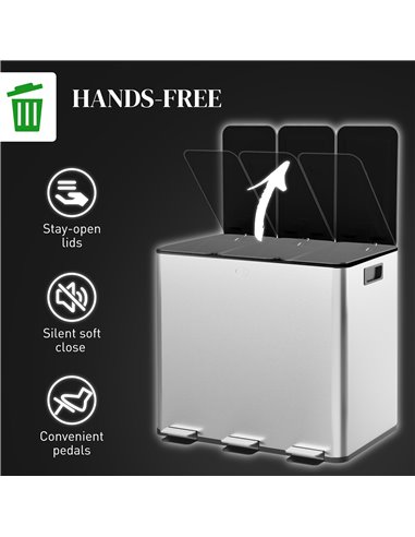 HOMCOM 3 x 15L Pedal Bin, Steel Triple Kitchen Bin with Soft Close Lid, Removable Inner Buckets, Fingerprint-Proof, Silver 851-0