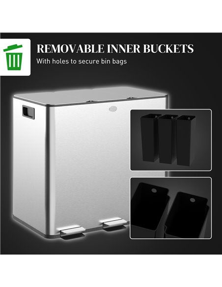 HOMCOM 3 x 15L Pedal Bin, Steel Triple Kitchen Bin with Soft Close Lid, Removable Inner Buckets, Fingerprint-Proof, Silver 851-0 - pic 110417 | FastDaddyshop