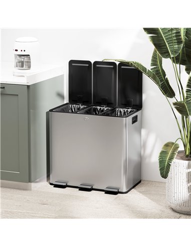 HOMCOM 3 x 15L Pedal Bin, Steel Triple Kitchen Bin with Soft Close Lid, Removable Inner Buckets, Fingerprint-Proof, Silver 851-0