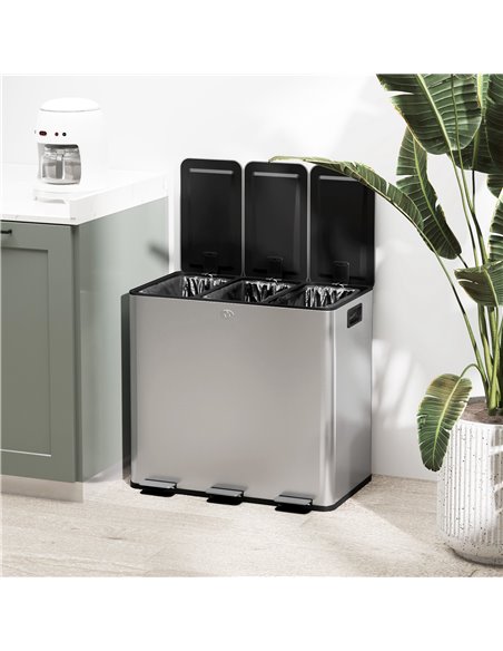 HOMCOM 3 x 15L Pedal Bin, Steel Triple Kitchen Bin with Soft Close Lid, Removable Inner Buckets, Fingerprint-Proof, Silver 851-0 - pic 110419 | FastDaddyshop