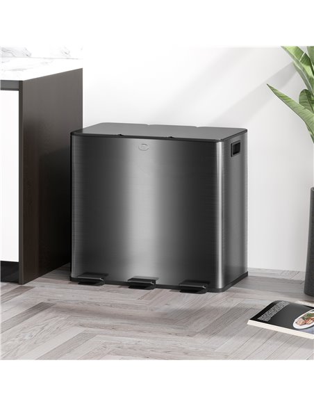 HOMCOM 3 x 15L Pedal Bin, Steel Triple Kitchen Bin with Soft Close Lid, Removable Inner Buckets, Fingerprint-Proof, Black 851-03 - pic 110421 | FastDaddyshop