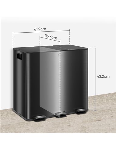 HOMCOM 3 x 15L Pedal Bin, Steel Triple Kitchen Bin with Soft Close Lid, Removable Inner Buckets, Fingerprint-Proof, Black 851-03