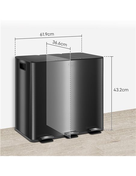 HOMCOM 3 x 15L Pedal Bin, Steel Triple Kitchen Bin with Soft Close Lid, Removable Inner Buckets, Fingerprint-Proof, Black 851-03 - pic 110422 | FastDaddyshop