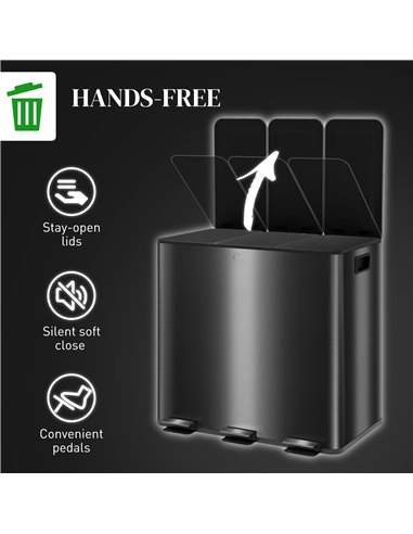 HOMCOM 3 x 15L Pedal Bin, Steel Triple Kitchen Bin with Soft Close Lid, Removable Inner Buckets, Fingerprint-Proof, Black 851-03