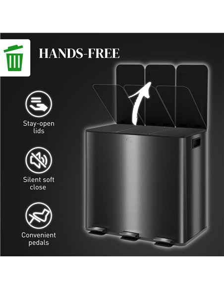 HOMCOM 3 x 15L Pedal Bin, Steel Triple Kitchen Bin with Soft Close Lid, Removable Inner Buckets, Fingerprint-Proof, Black 851-03 - pic 110425 | FastDaddyshop