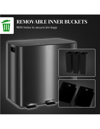 HOMCOM 3 x 15L Pedal Bin, Steel Triple Kitchen Bin with Soft Close Lid, Removable Inner Buckets, Fingerprint-Proof, Black 851-03