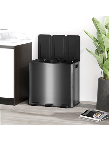 HOMCOM 3 x 15L Pedal Bin, Steel Triple Kitchen Bin with Soft Close Lid, Removable Inner Buckets, Fingerprint-Proof, Black 851-03