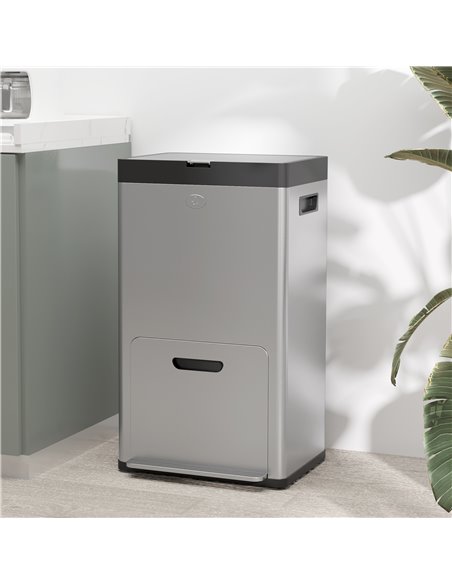 HOMCOM 56L Triple Compartment Stainless Steel Kitchen Bin, with Deodoriser Holders and Wheels - Silver Tone 851-042V00SR - pic 110430 | FastDaddyshop