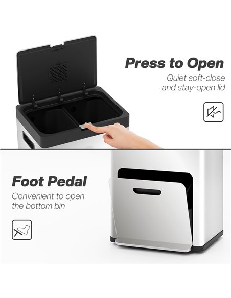 HOMCOM 56L Triple Compartment Stainless Steel Kitchen Bin, with Deodoriser Holders and Wheels - Silver Tone 851-042V00SR - pic 110435 | FastDaddyshop