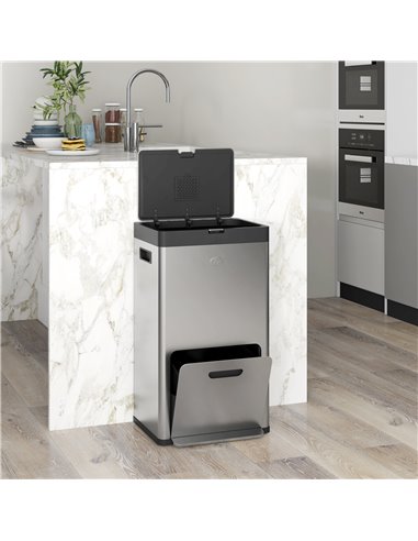 HOMCOM 56L Triple Compartment Stainless Steel Kitchen Bin, with Deodoriser Holders and Wheels - Silver Tone 851-042V00SR