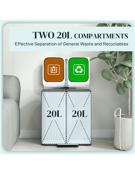 HOMCOM Dual Kitchen Bin, 2 x 20L Double Bin for Recycling and Waste, Fingerprint-proof Pedal Bin with Soft-Close Lid, Removable  - pic 110450 | FastDaddyshop