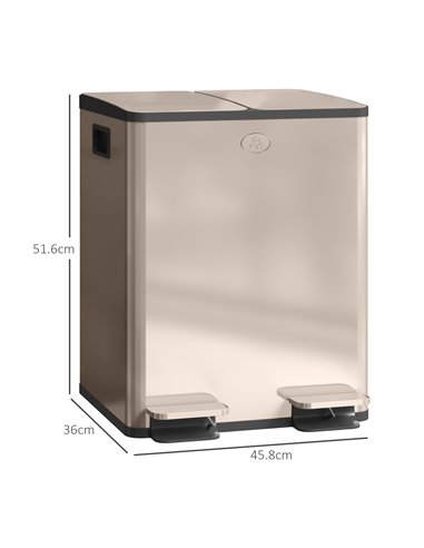 HOMCOM 40L Dual Compartment Stainless Steel Bin, with Deodoriser Holders - Gold Tone 851-033V01GD