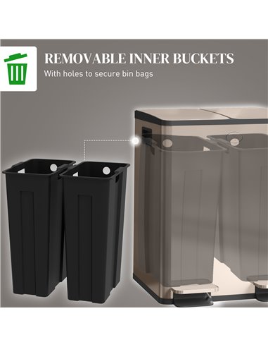 HOMCOM 40L Dual Compartment Stainless Steel Bin, with Deodoriser Holders - Gold Tone 851-033V01GD