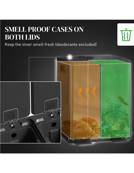 HOMCOM 40L Dual Compartment Stainless Steel Bin, with Deodoriser Holders - Black 851-033V01BK - pic 110523 | FastDaddyshop