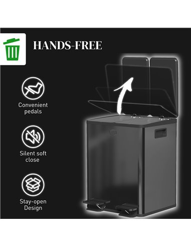 HOMCOM 40L Dual Compartment Stainless Steel Bin, with Deodoriser Holders - Black 851-033V01BK