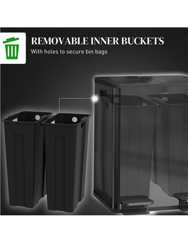 HOMCOM 40L Dual Compartment Stainless Steel Bin, with Deodoriser Holders - Black 851-033V01BK