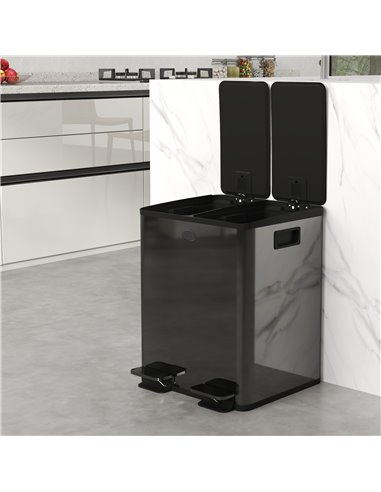 HOMCOM 40L Dual Compartment Stainless Steel Bin, with Deodoriser Holders - Black 851-033V01BK