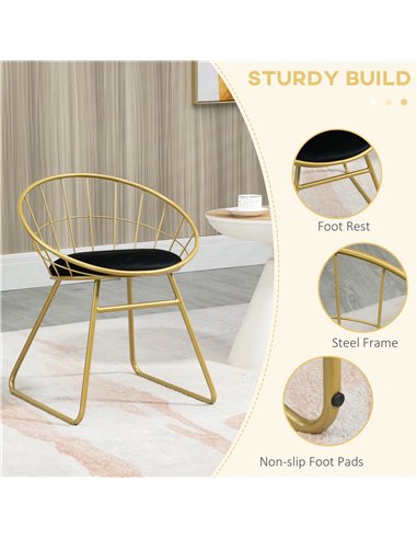 HOMCOM Modern Dining Chairs Set of 2, Metal Wire Kitchen Chair with Velvet-feel Cushion, Round Back and Steel Frame for Living R