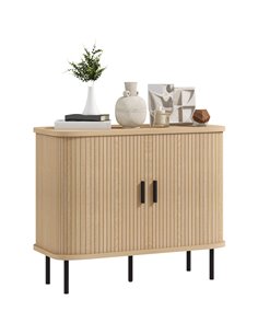 HOMCOM Mid-Century Modern Sideboard Storage Cabinet with Slatted Tambour Sliding Doors, Kitchen Cabinet with Steel Legs, Oak Ton