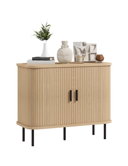 HOMCOM Mid-Century Modern Sideboard Storage Cabinet with Slatted Tambour Sliding Doors, Kitchen Cabinet with Steel Legs, Oak Ton - pic 110717 | FastDaddyshop