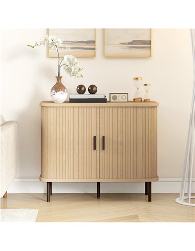 HOMCOM Mid-Century Modern Sideboard Storage Cabinet with Slatted Tambour Sliding Doors, Kitchen Cabinet with Steel Legs, Oak Ton