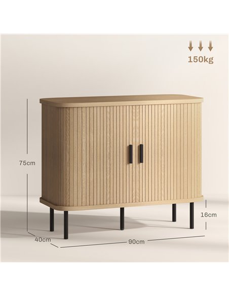 HOMCOM Mid-Century Modern Sideboard Storage Cabinet with Slatted Tambour Sliding Doors, Kitchen Cabinet with Steel Legs, Oak Ton - pic 110719 | FastDaddyshop