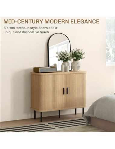 HOMCOM Mid-Century Modern Sideboard Storage Cabinet with Slatted Tambour Sliding Doors, Kitchen Cabinet with Steel Legs, Oak Ton