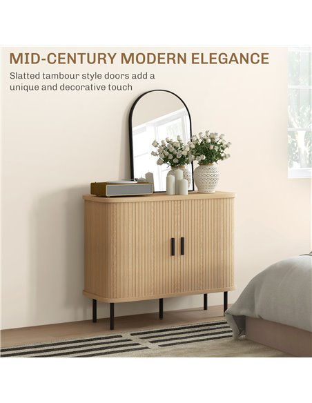 HOMCOM Mid-Century Modern Sideboard Storage Cabinet with Slatted Tambour Sliding Doors, Kitchen Cabinet with Steel Legs, Oak Ton - pic 110720 | FastDaddyshop