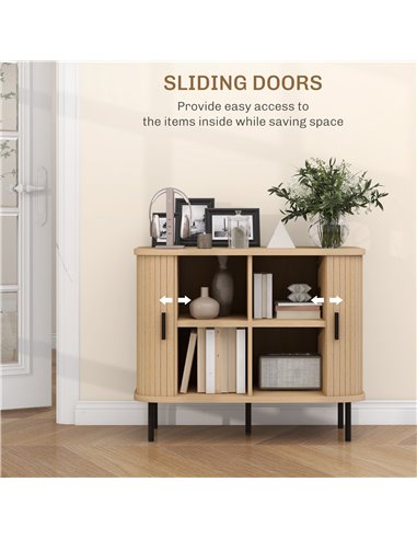 HOMCOM Mid-Century Modern Sideboard Storage Cabinet with Slatted Tambour Sliding Doors, Kitchen Cabinet with Steel Legs, Oak Ton