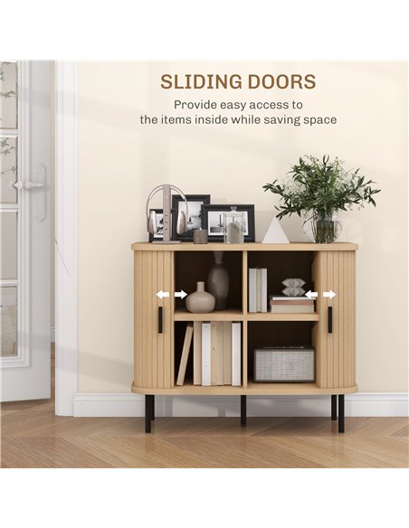 HOMCOM Mid-Century Modern Sideboard Storage Cabinet with Slatted Tambour Sliding Doors, Kitchen Cabinet with Steel Legs, Oak Ton - pic 110721 | FastDaddyshop