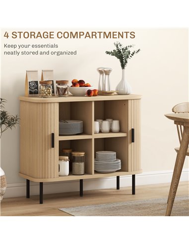 HOMCOM Mid-Century Modern Sideboard Storage Cabinet with Slatted Tambour Sliding Doors, Kitchen Cabinet with Steel Legs, Oak Ton