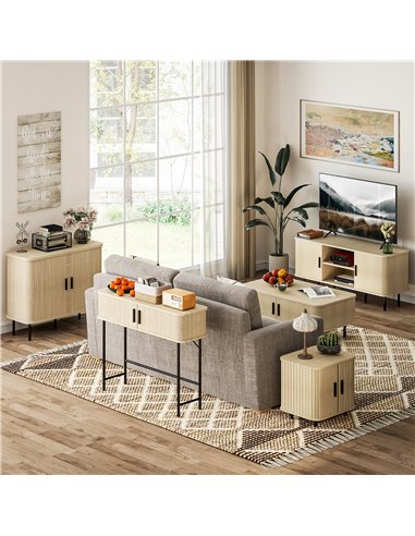 HOMCOM Mid-Century Modern Sideboard Storage Cabinet with Slatted Tambour Sliding Doors, Kitchen Cabinet with Steel Legs, Oak Ton