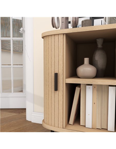 HOMCOM Mid-Century Modern Sideboard Storage Cabinet with Slatted Tambour Sliding Doors, Kitchen Cabinet with Steel Legs, Oak Ton - pic 110725 | FastDaddyshop