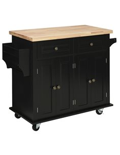 HOMCOM Rolling Kitchen Island Storage Trolley with Rubber Wood Top & Drawers for Dining Room, Black 801-161BK