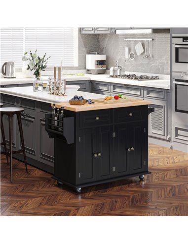 HOMCOM Rolling Kitchen Island Storage Trolley with Rubber Wood Top & Drawers for Dining Room, Black 801-161BK
