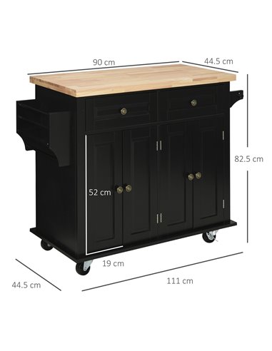 HOMCOM Rolling Kitchen Island Storage Trolley with Rubber Wood Top & Drawers for Dining Room, Black 801-161BK