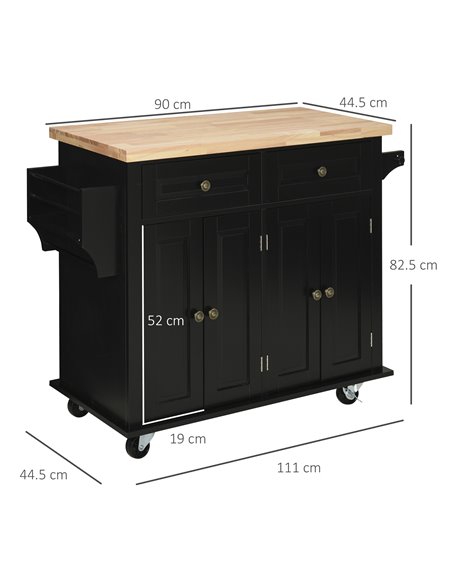 HOMCOM Rolling Kitchen Island Storage Trolley with Rubber Wood Top & Drawers for Dining Room, Black 801-161BK - pic 110728 | FastDaddyshop